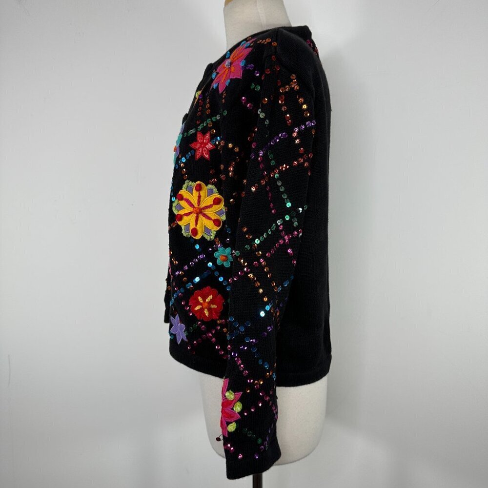 Berek Women’s Floral Button Front Black Cardigan Size L Sequins Embellished Vtg - Picture 3 of 13